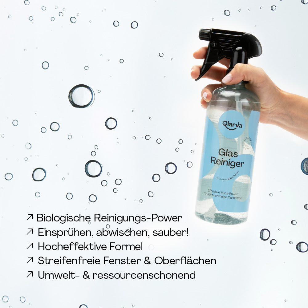 QLARVA Glasreiniger – Streifenfrei für glänzende Glasflächen