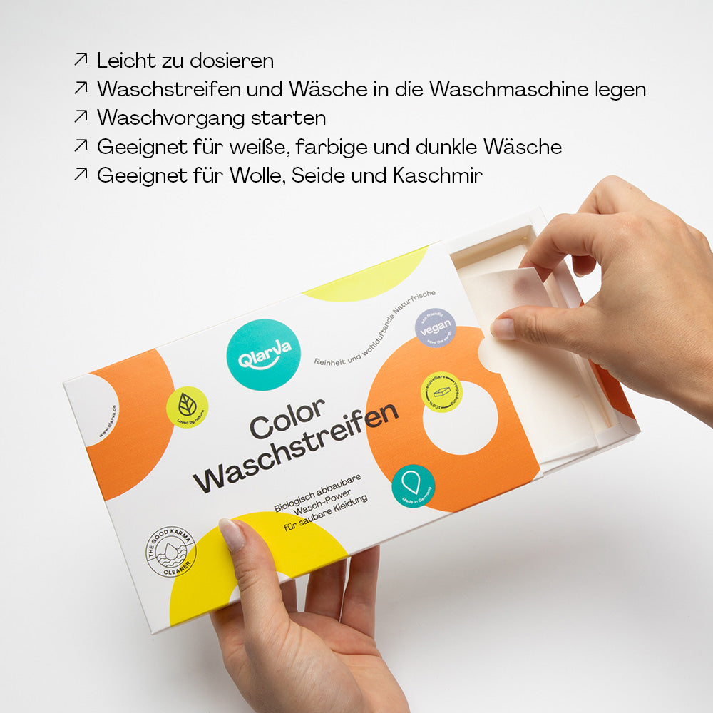 QLARVA Waschstreifen – 60 Stk. für Bunte Wäsche, plastikfrei & vegan